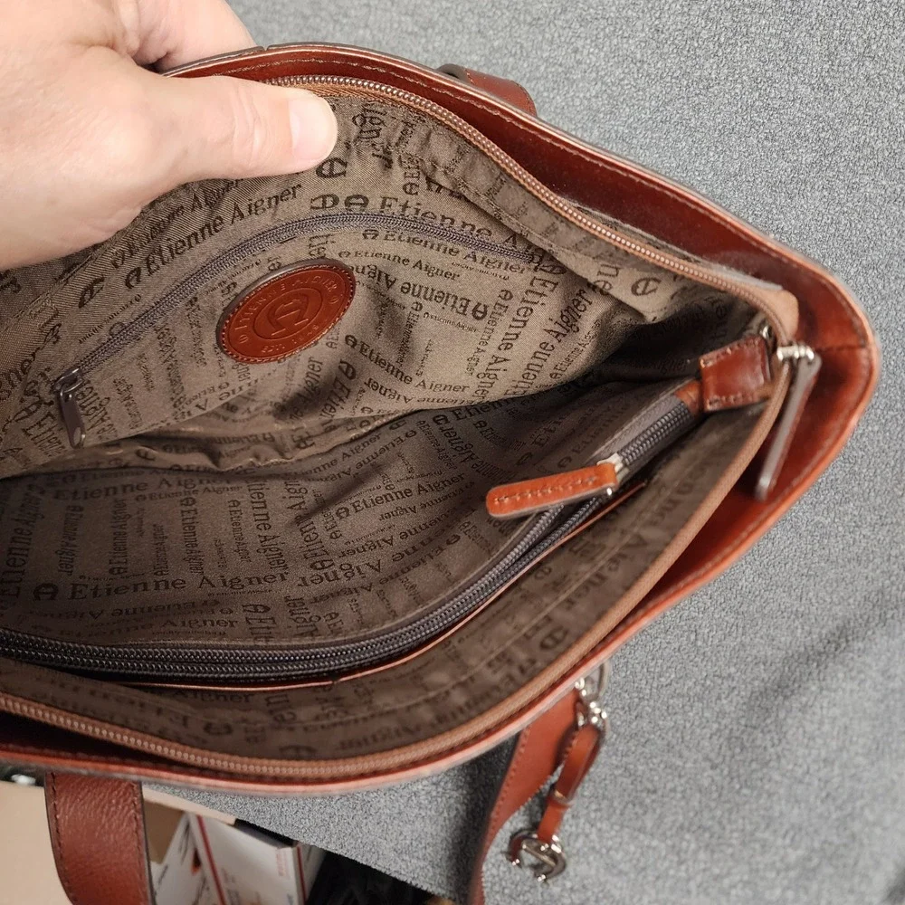 Etienne Aigner Cognac Brown Leather Tote Shoulder Bag Buckle‎ Detail 86545